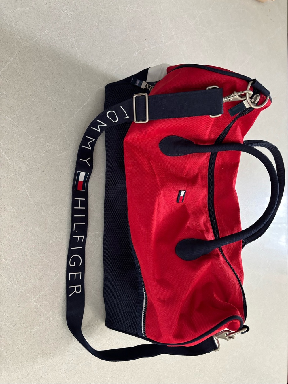 Tommy Hilfiger Vintage Canvas Mesh Duffel Bag Red Navy Blue Weekend 90s Classic